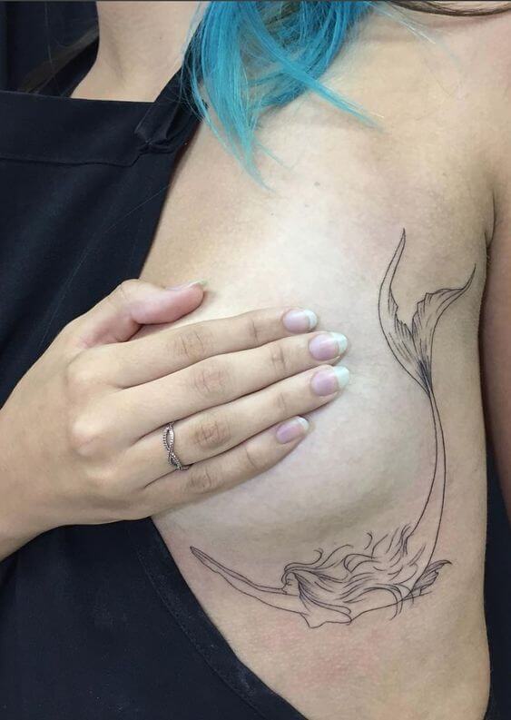 Outline Mermaid Breast Tattoo