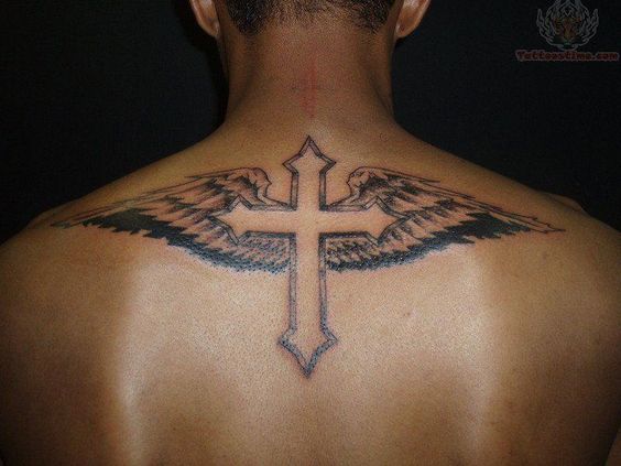 Angel wings cross tattoo for men