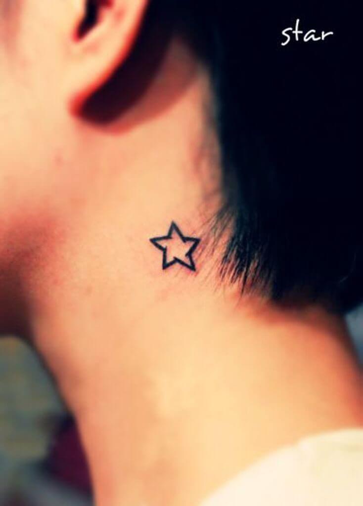 Tiny Stars And Butterfly Tattoo On Side Neck