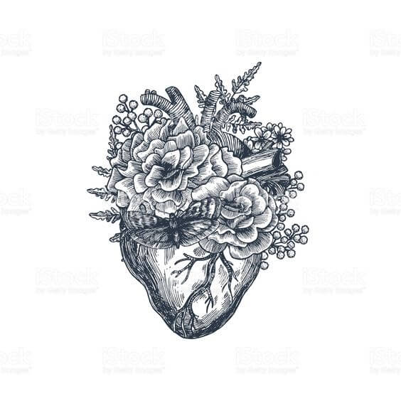 Floral anatomical heart tattoo