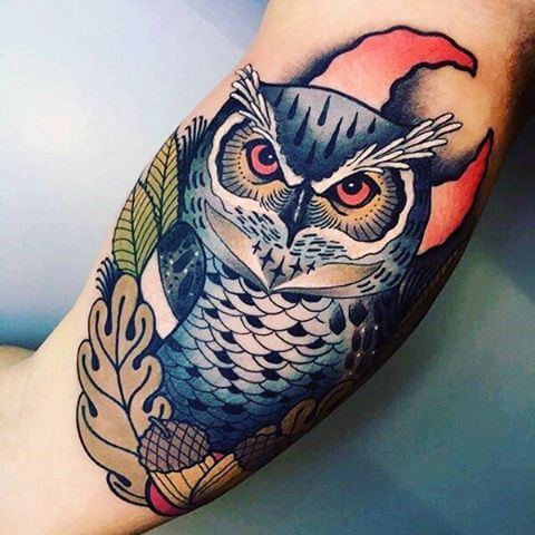 classic neo traditional owl tattoo