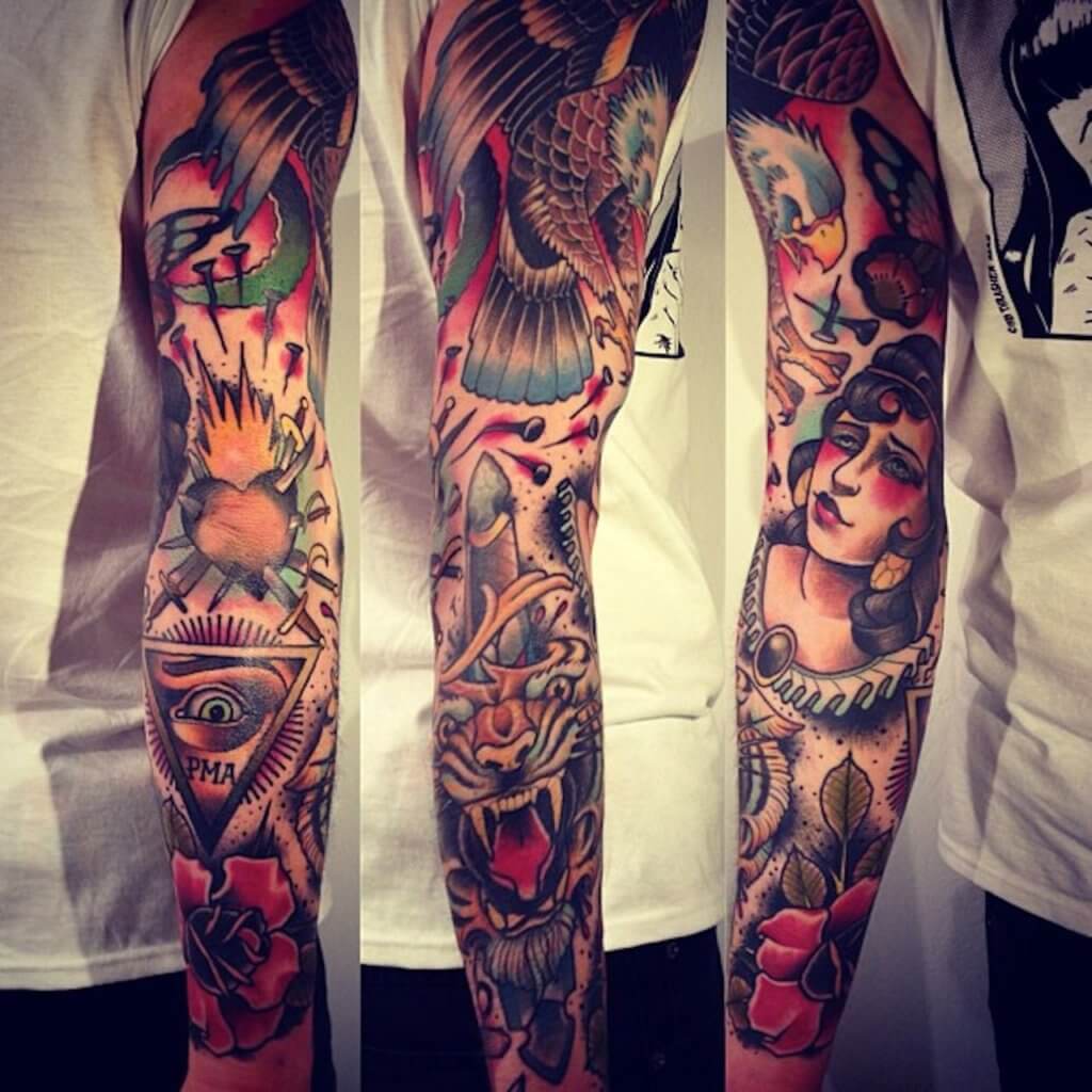 colored neo traditional tattoo sleeve