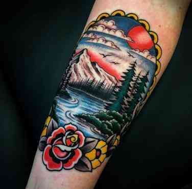 landscape neo-traditional tattoo