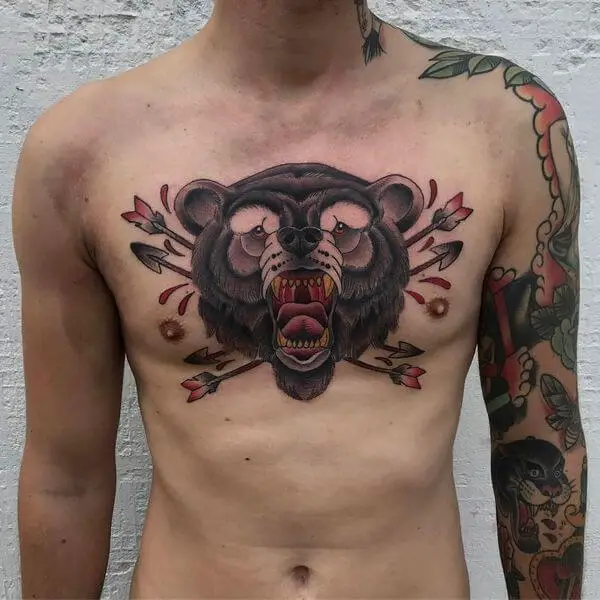 neo traditional bear tattoo on chest