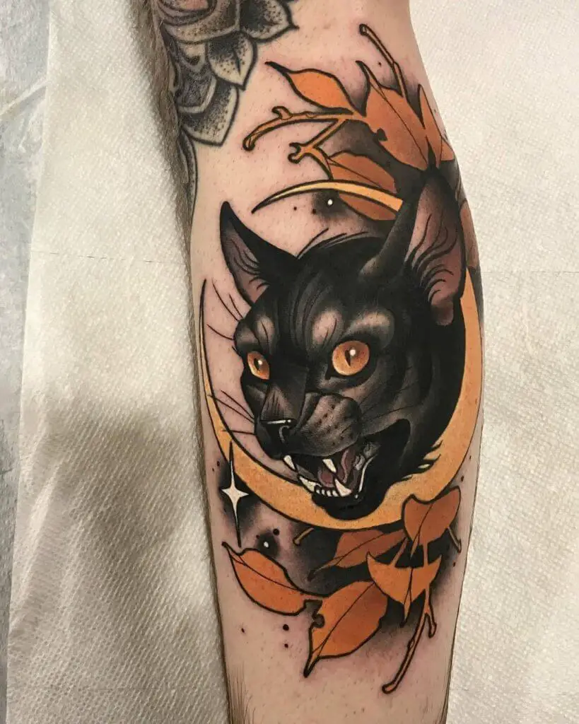neo traditional black cat tattoo