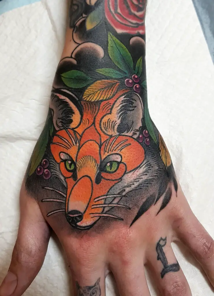 neo traditional fox tattoo on hand