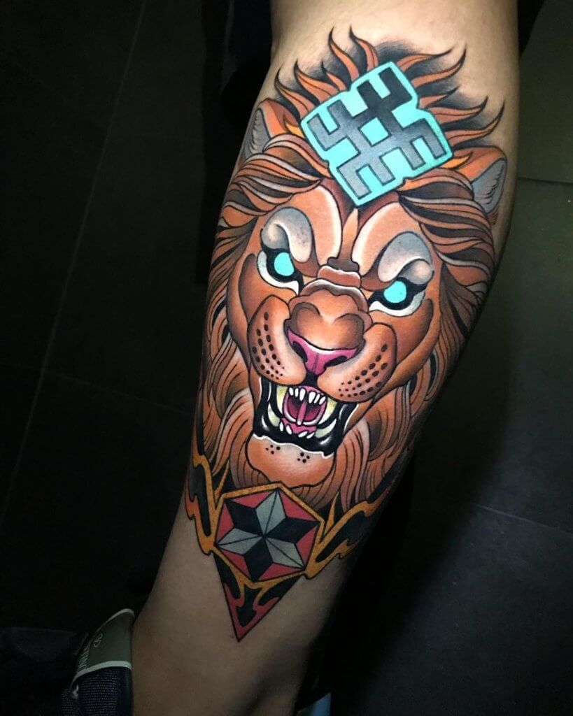 neo traditional lion tattoo with colors