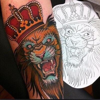 neo traditional lion with crown tattoo