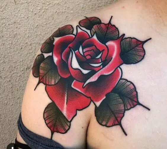 neo traditional rose tattoo shoulder