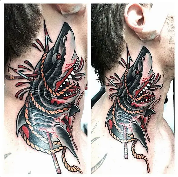 neo traditional shark tattoo on neck