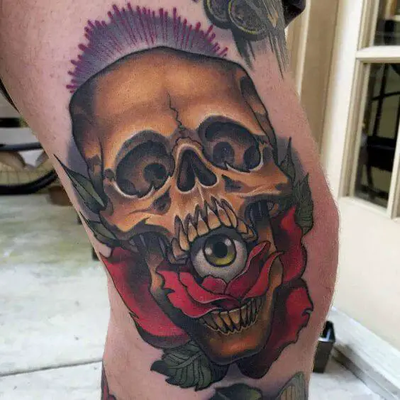 neo traditional skull tattoo with eye