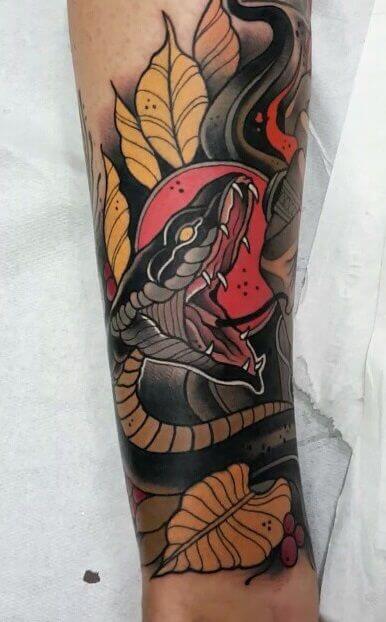 neo traditional snake tattoo sleeve