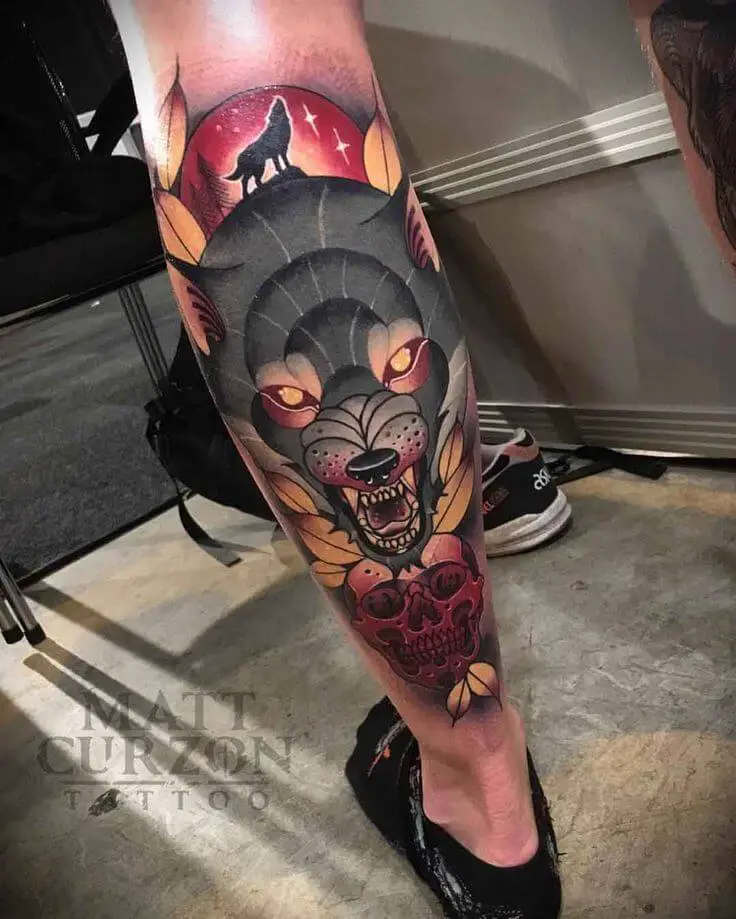neo traditional wolf tattoo on leg