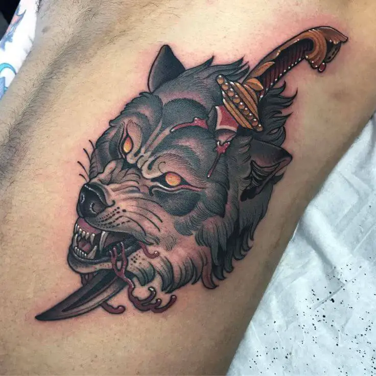 neo traditional wolf tattoo with sword