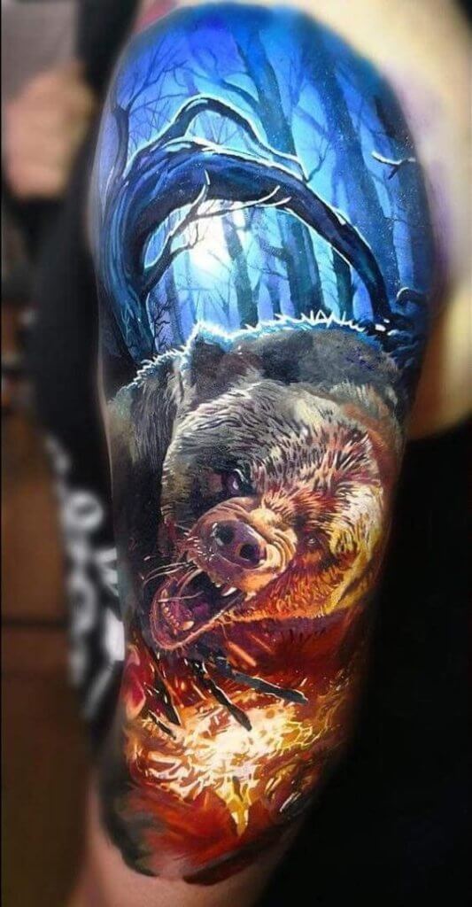 realistic Bear Hunting Tattoo