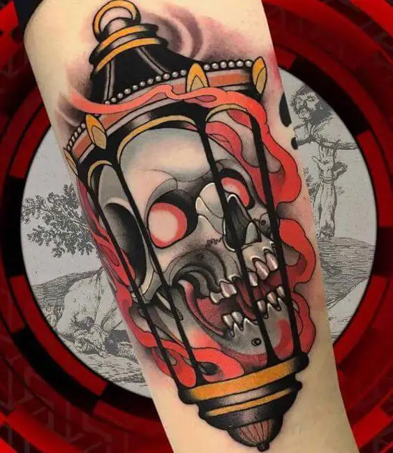 Neotraditional skull tattoo on the inner arm