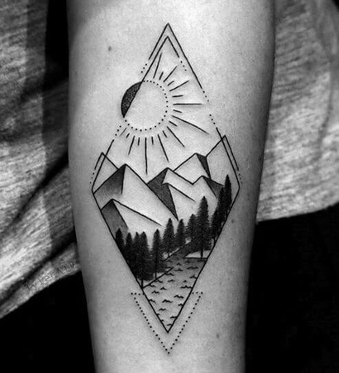 Geometric Sun and Landscape tattoo