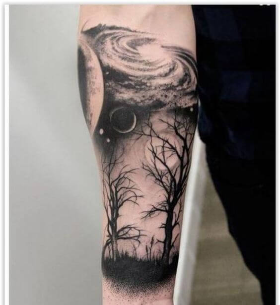 Trees and Galaxy Tattoo Black And White