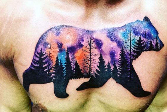Watercolour Mountain and Bear tattoo