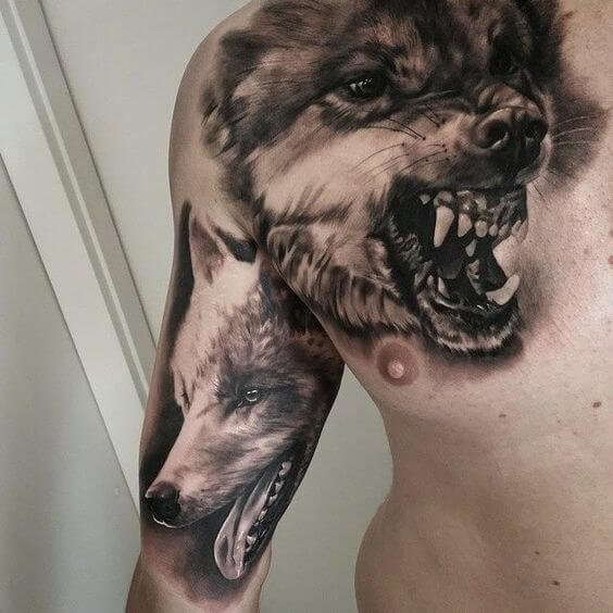 family wolf tattoo on chest and bicep