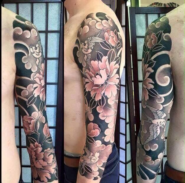 Black Japanese sleeves with hibiscus flowers tattoo