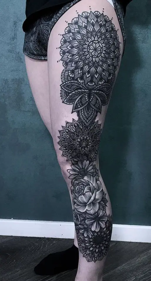 Mandala full leg tattoo