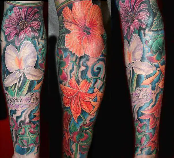 red flower hibiscus sleeve tattoo