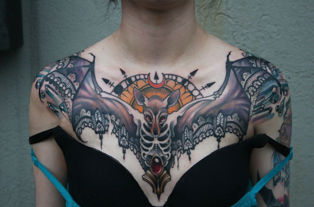 Jeweled Bat chest tattoo