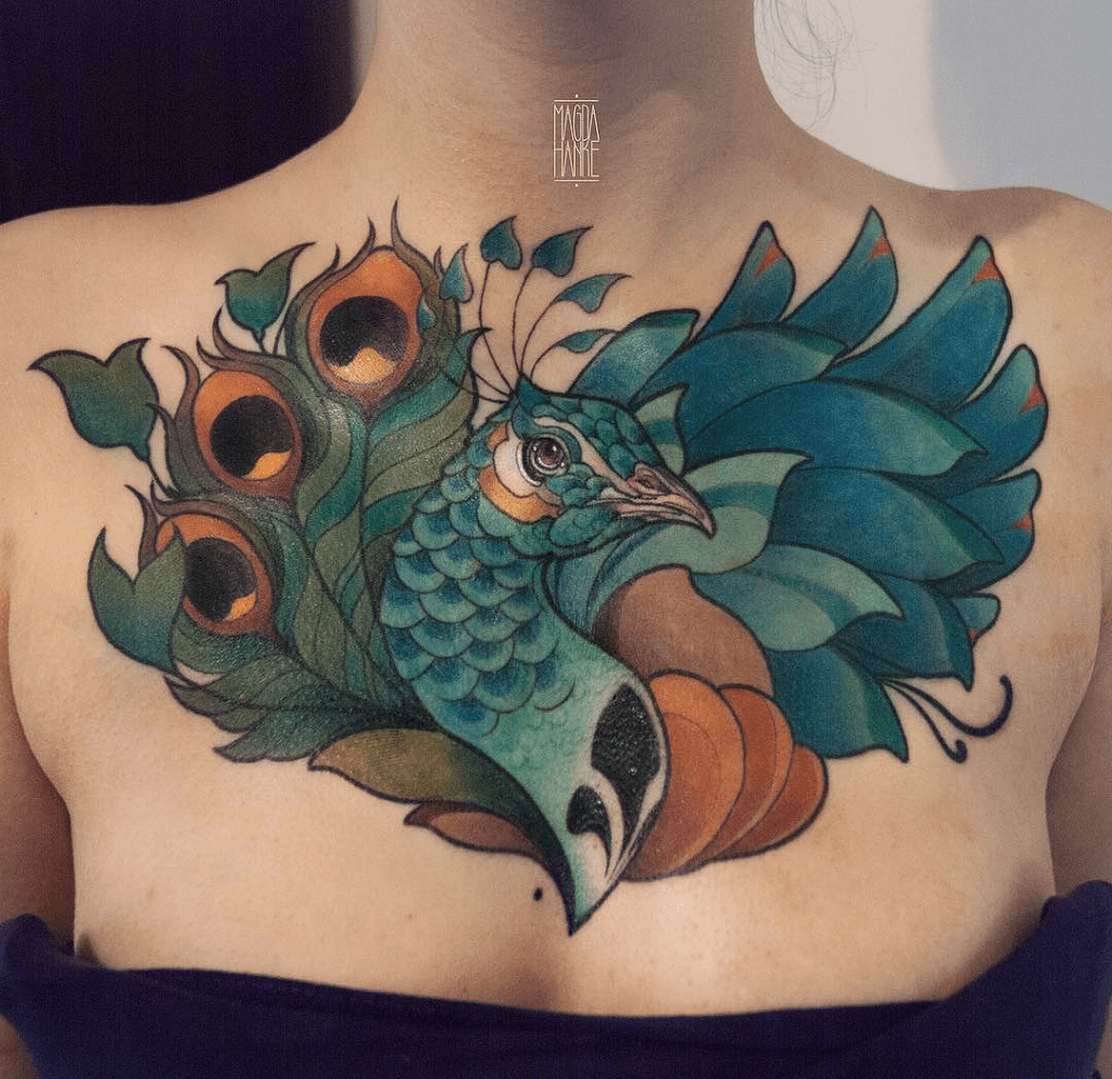 Proud as a Peacock chest tattoo