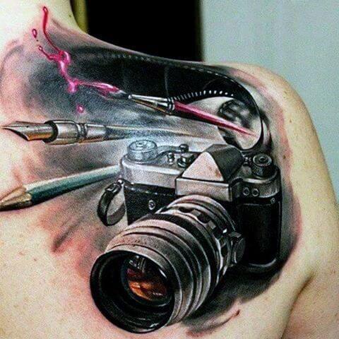 watercolored realistic camera tattoo