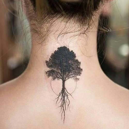 oak tree back of the neck tattoo