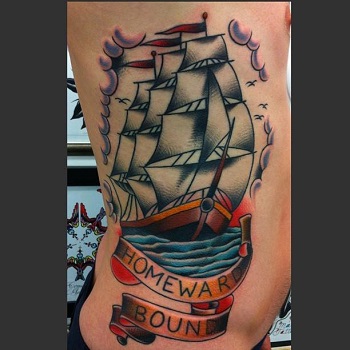 Traditional ship with banner tattoo